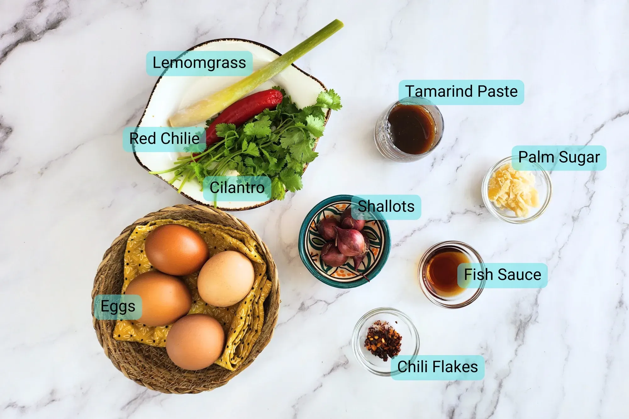 Palm Sugar Tamarind Paste Lemomgrass Eggs Fish Sauce Shallots Red Chilie Cilantro Chili Flakes