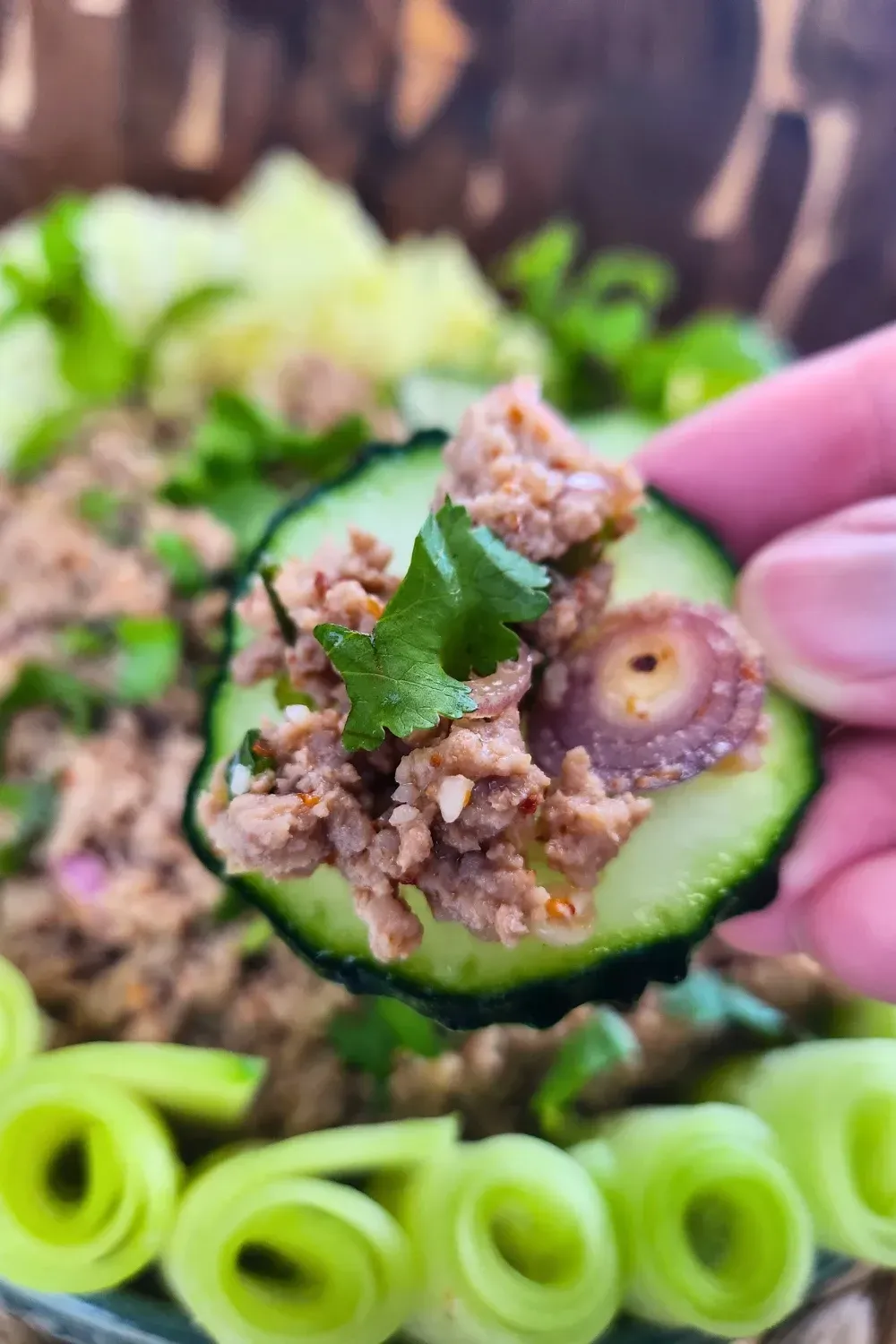 Laab on cucumber piece