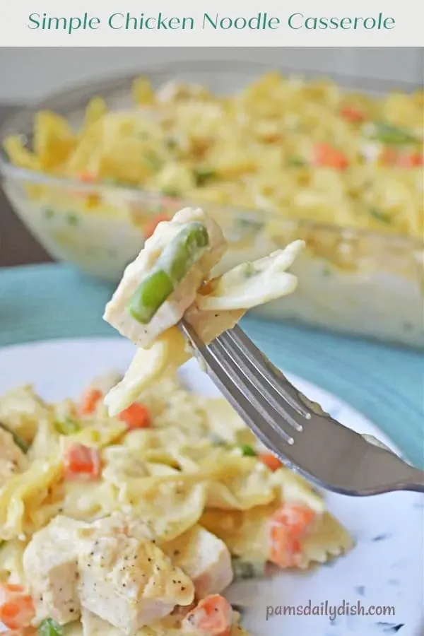 Simple Chicken Noodle Casserole on a fork