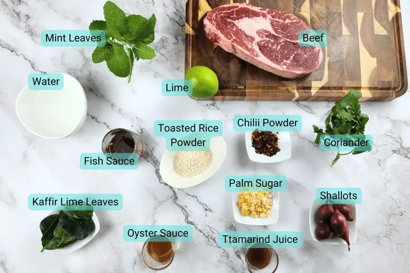 ingredients for Spicy Grilled Beef Salad Namtok Nuea