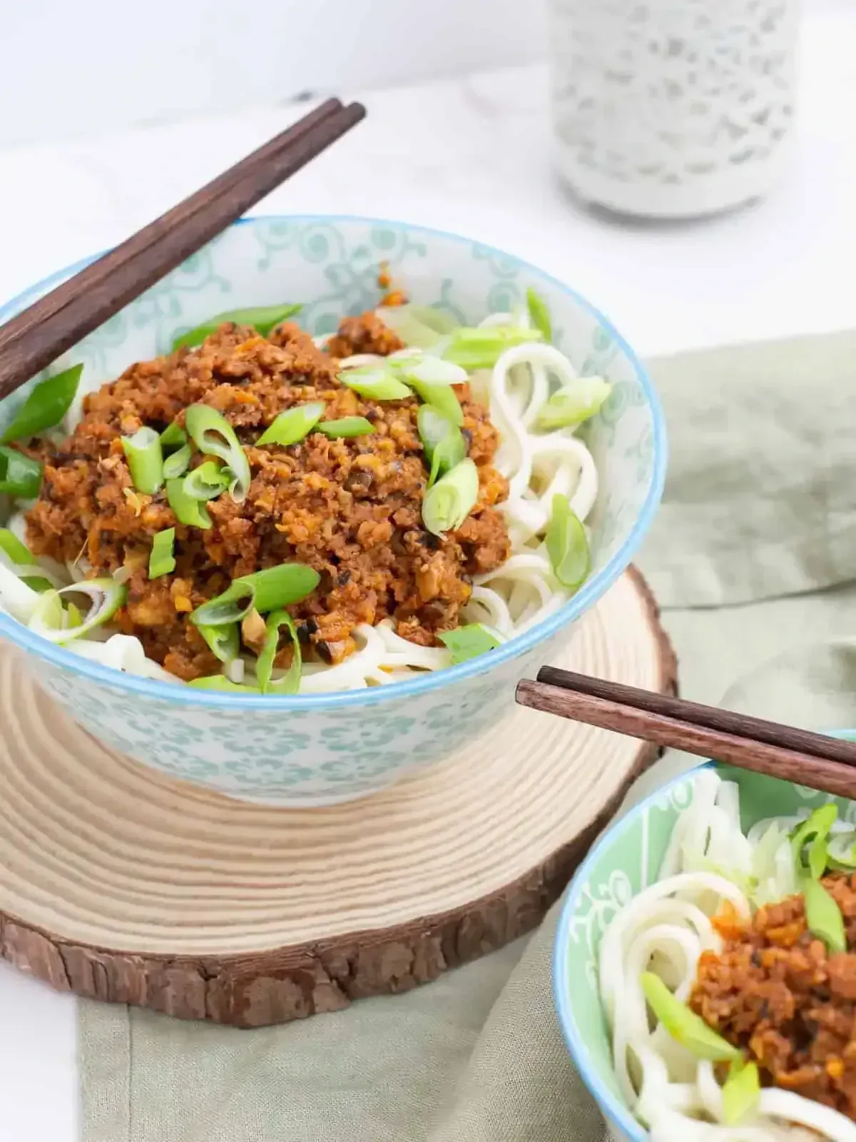 A bowl of Stir-Fried Pork and Shiitake Noodles