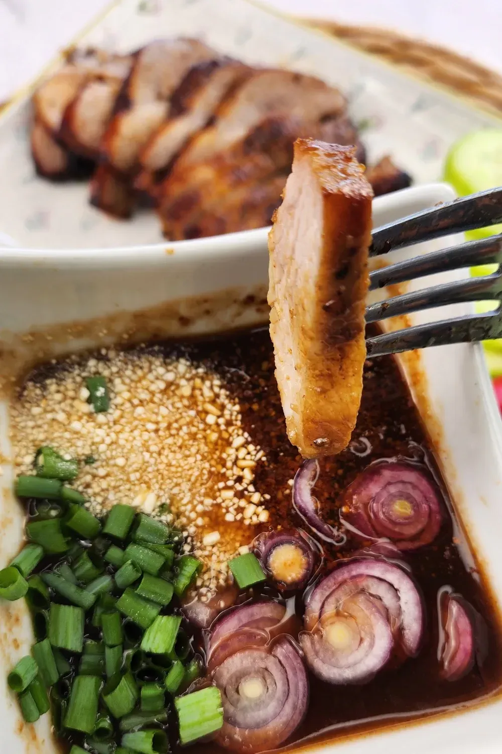 Thai Grilled Pork Jowl (Kor Moo Yang) with dipping sauce