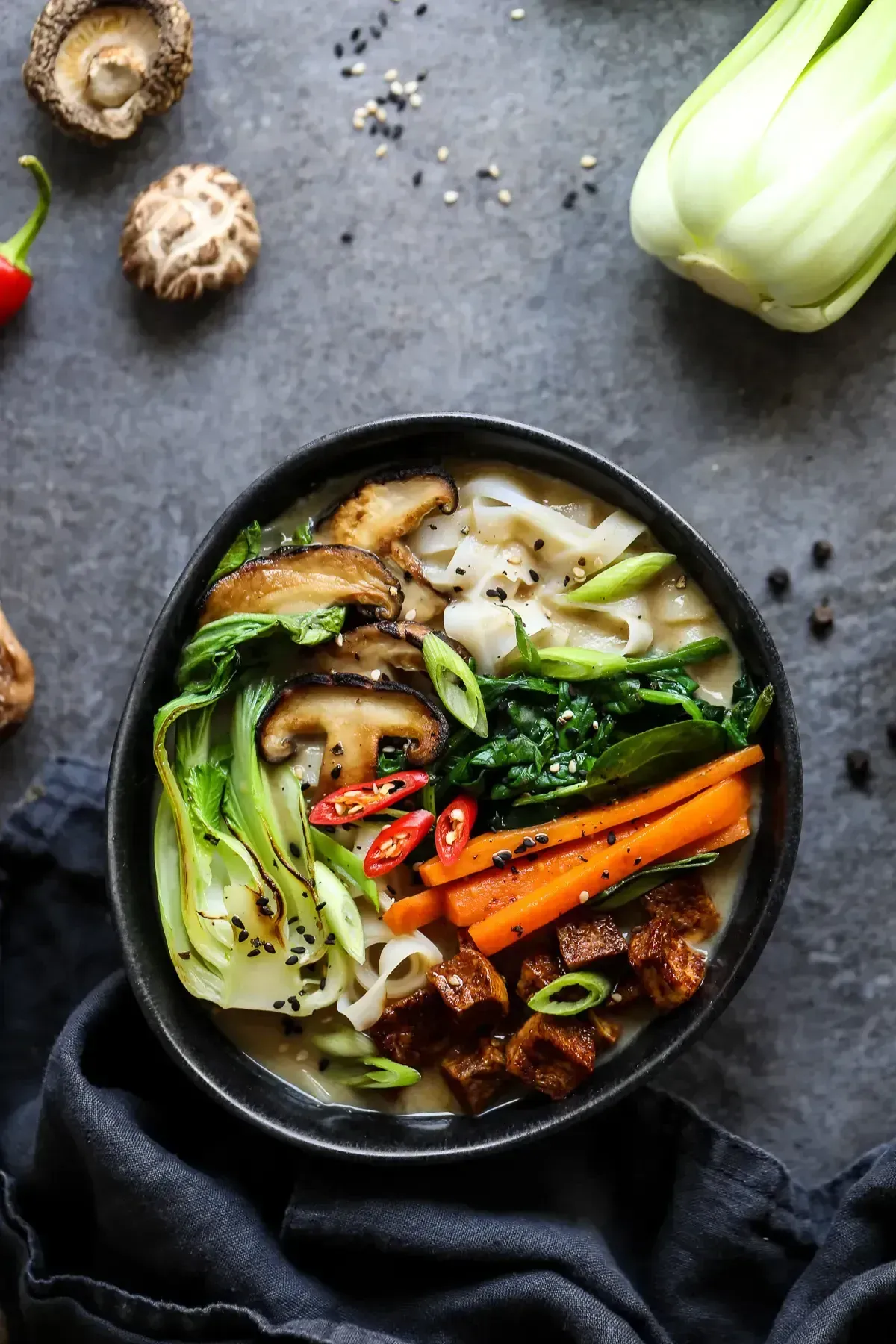 Vegan Ramen with Rice Noodles, Tofu and Vegetables Served in a Bowl