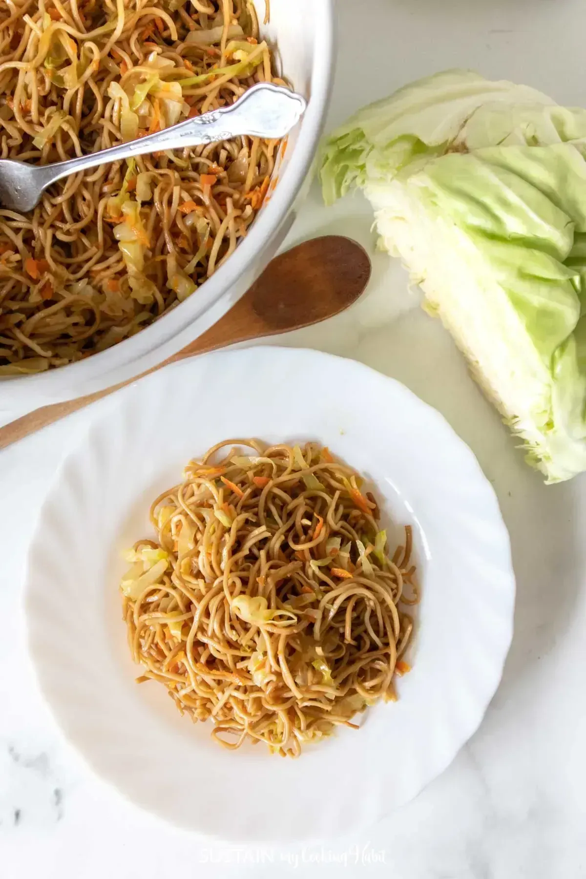 Vegetarian Chow Mein Recipe with Cabbage in a bowl