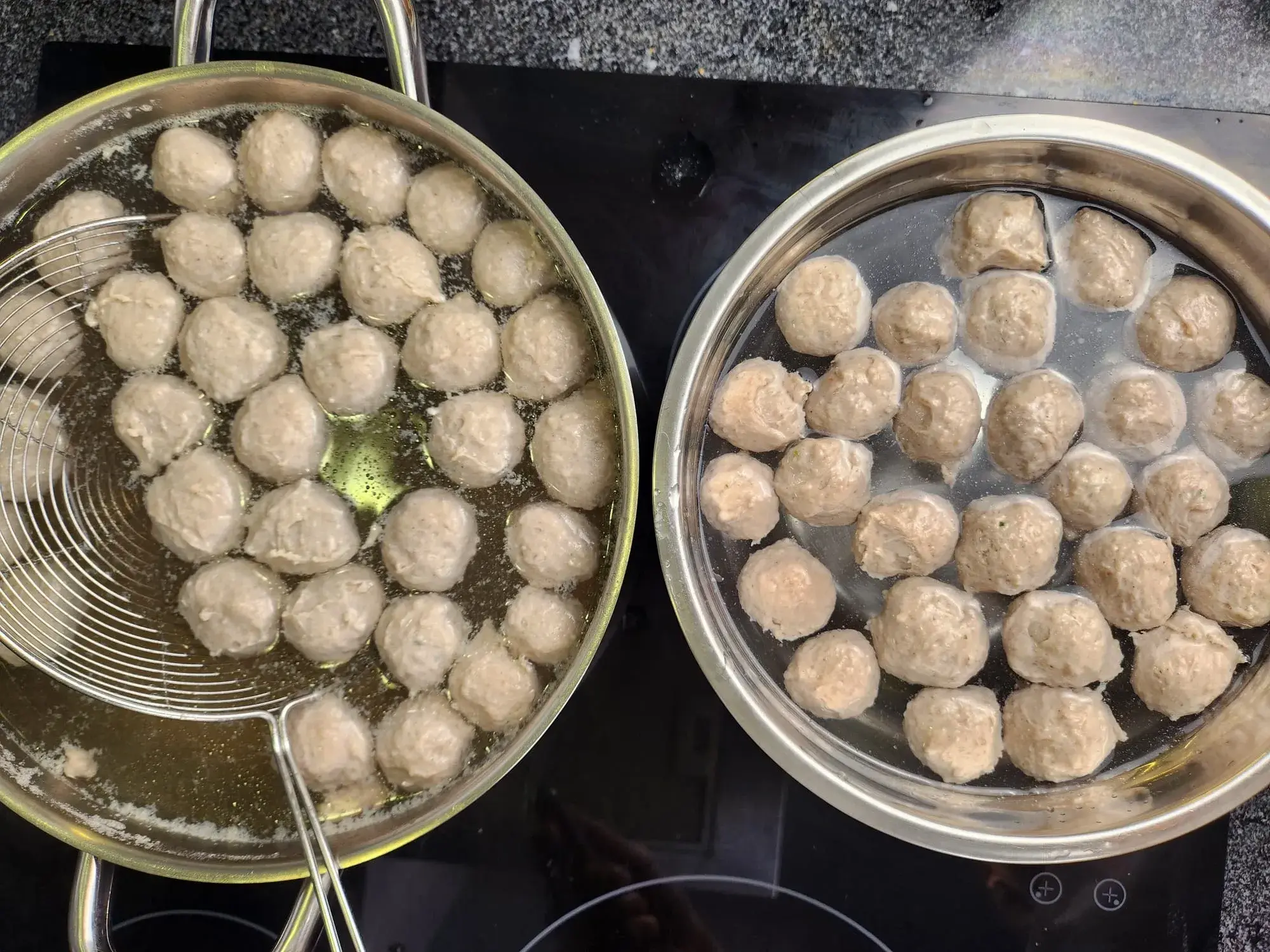 Scoop the meatballs out and transfer them to a bowl of cold water (you can add ice in the water). Let them cool for 10 minutes to release heat.