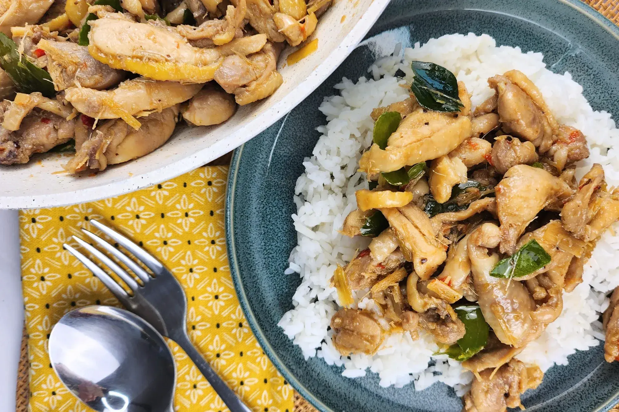 A presentation of Lemongrass Chicken Stir-Fry serves on rice.