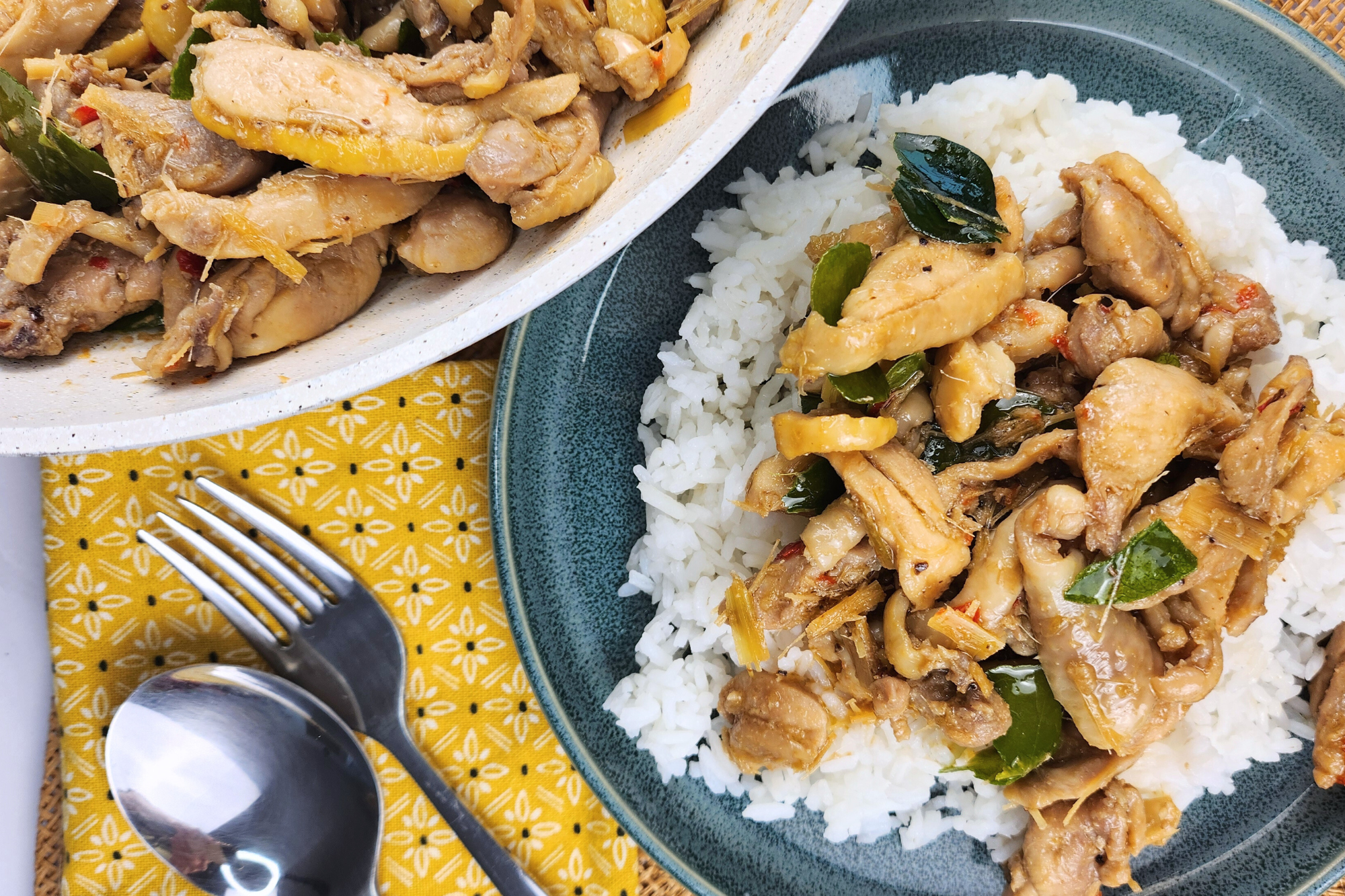 A presentation of Lemongrass Chicken Stir-Fry serves on rice.