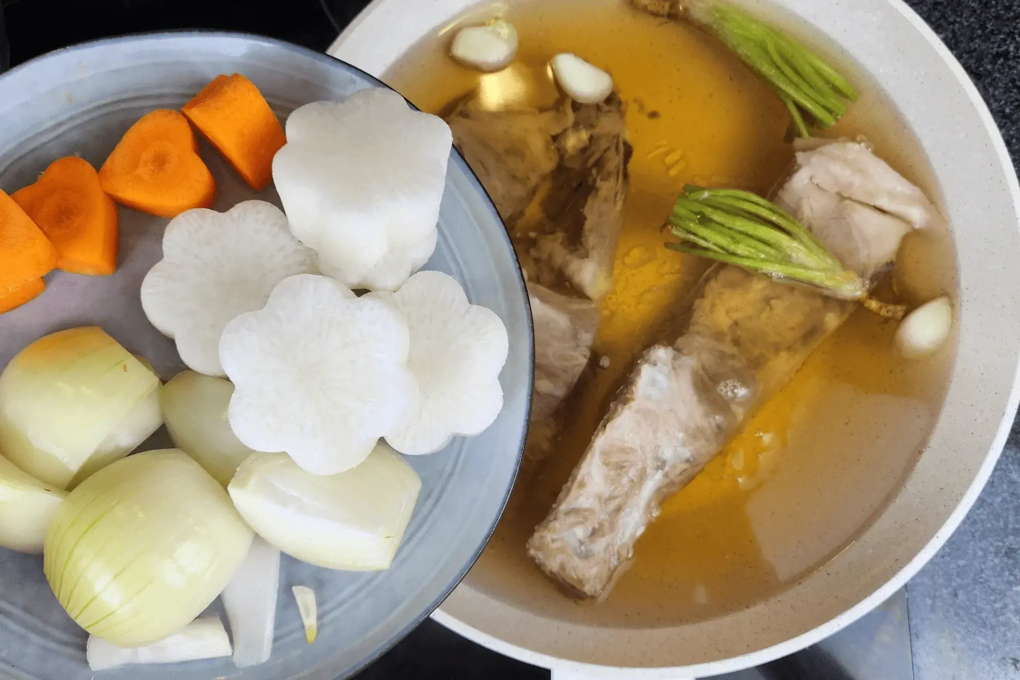 chopped vegetables and hot soup
