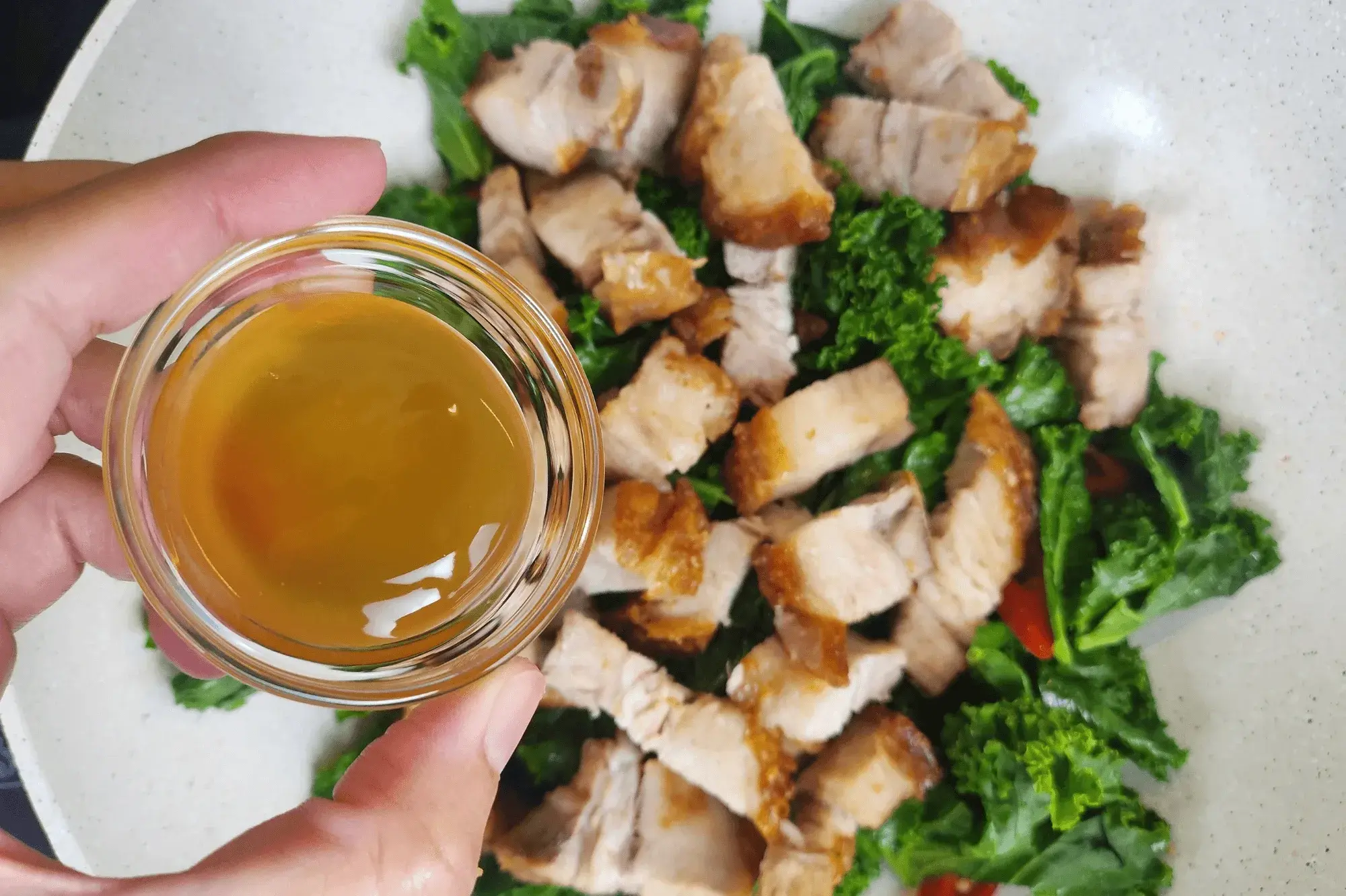 Add oyster sauce - Crispy Pork Belly with Kale