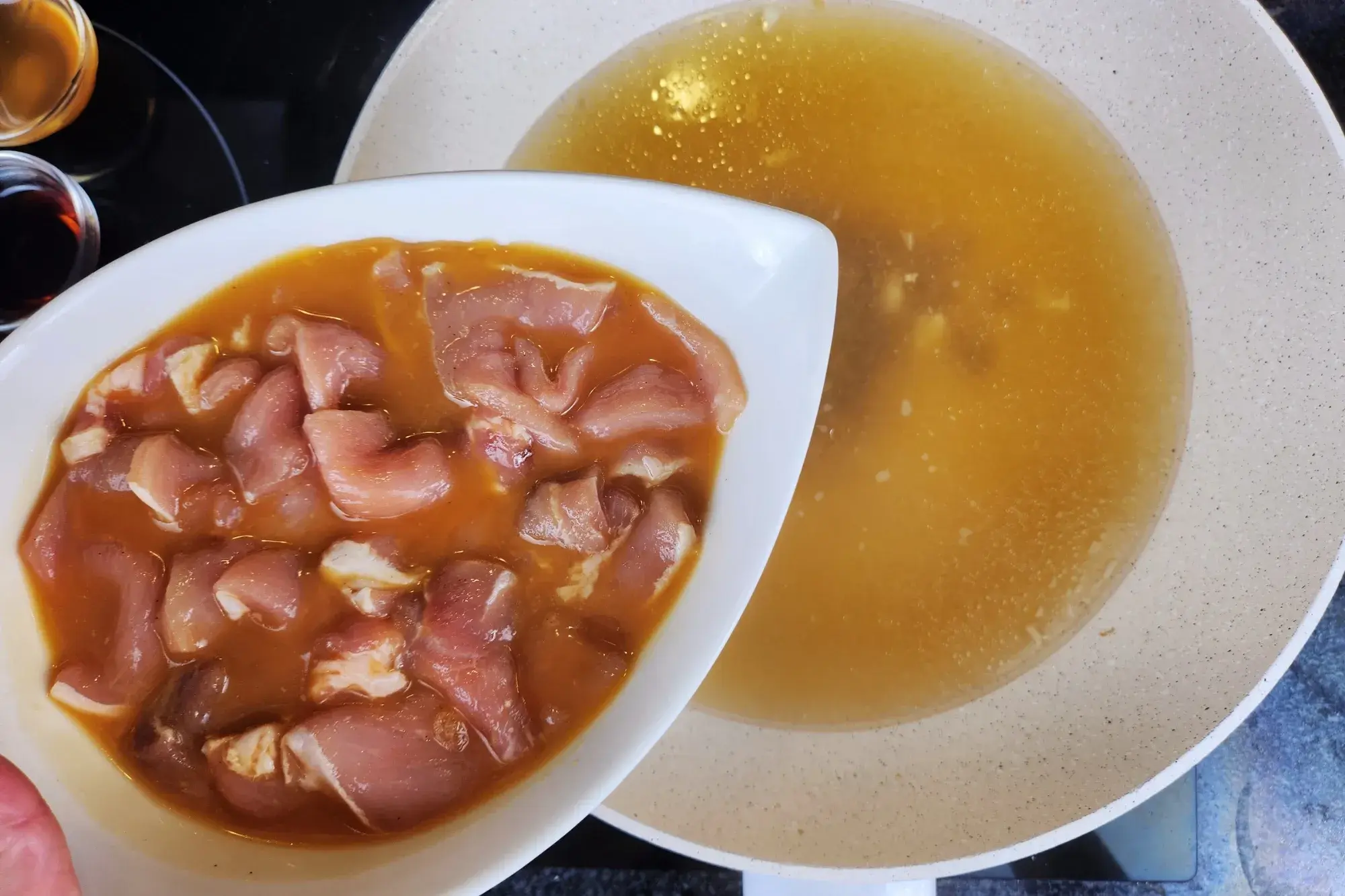 Add the marinated pork to the boiling water 