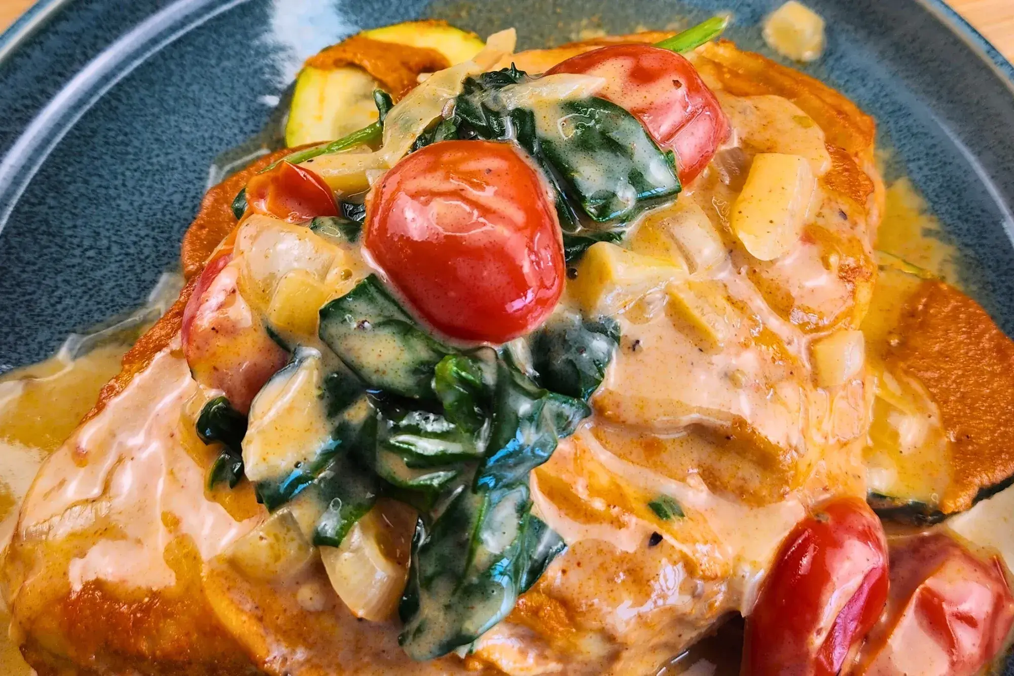 Baked Red Chicken with Creamy Tomato Spinach Sauce