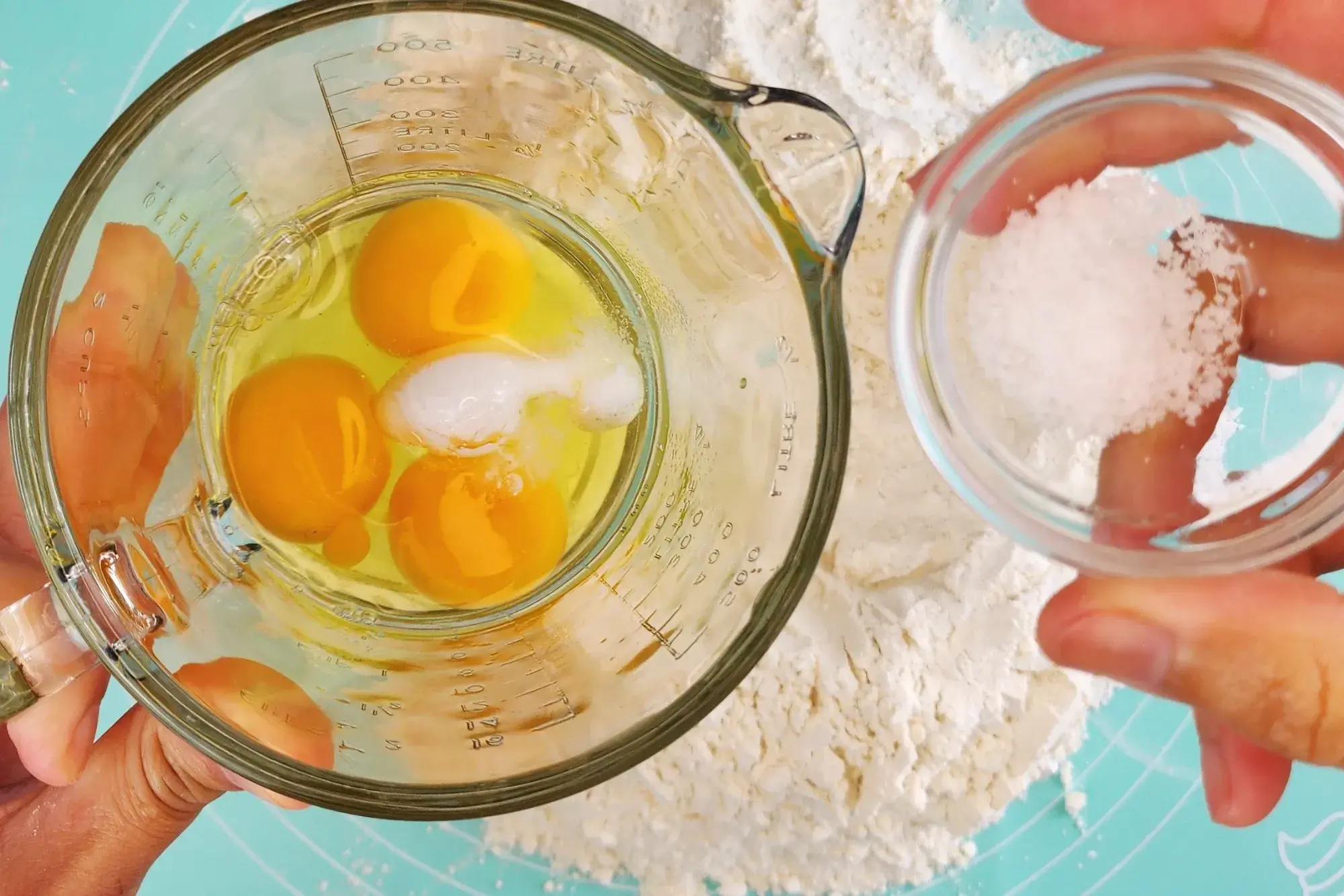 beat the eggs, baked baking soda, and salt