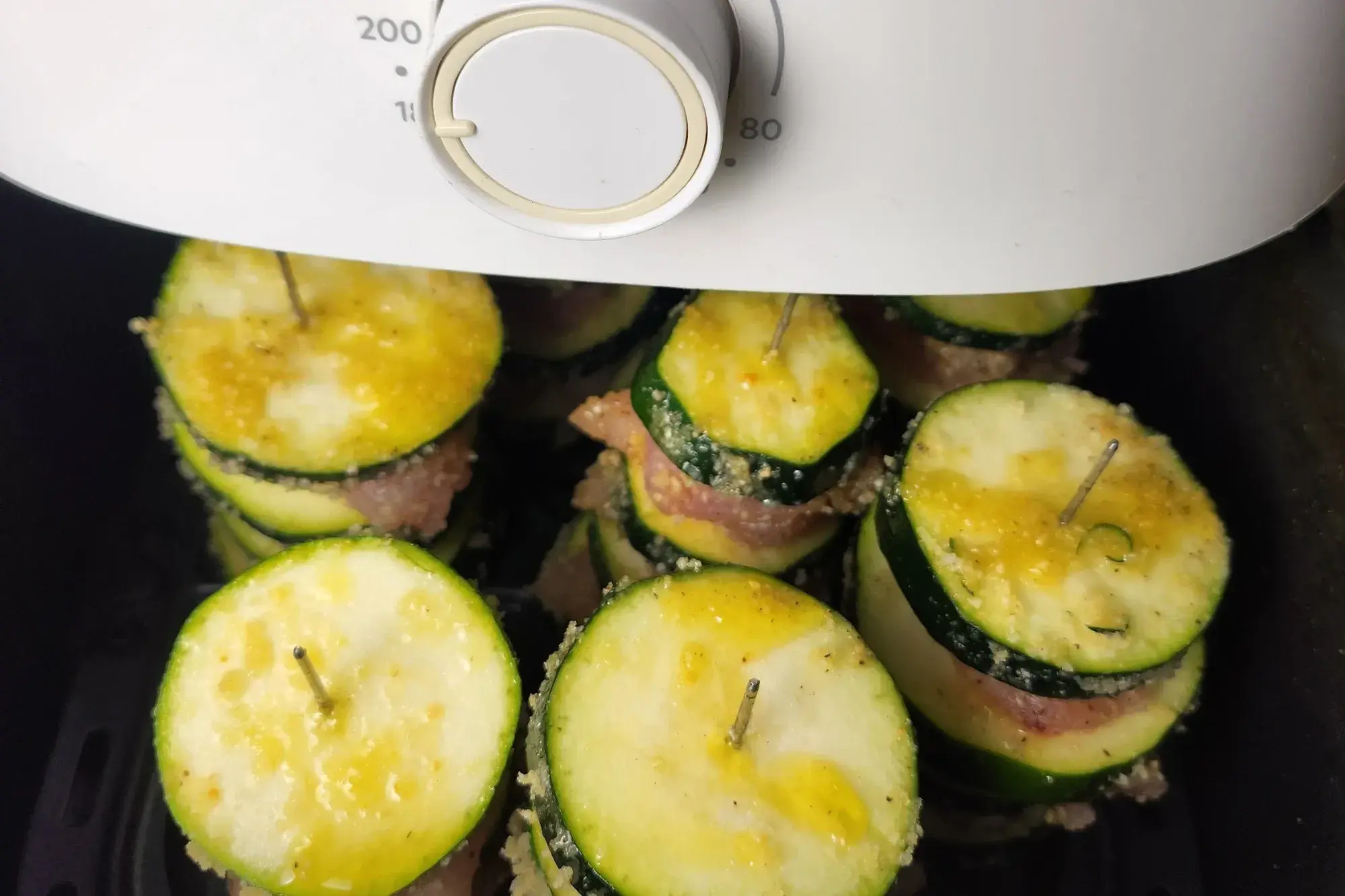 Chicken and Zucchini Skewers in an air fryer.