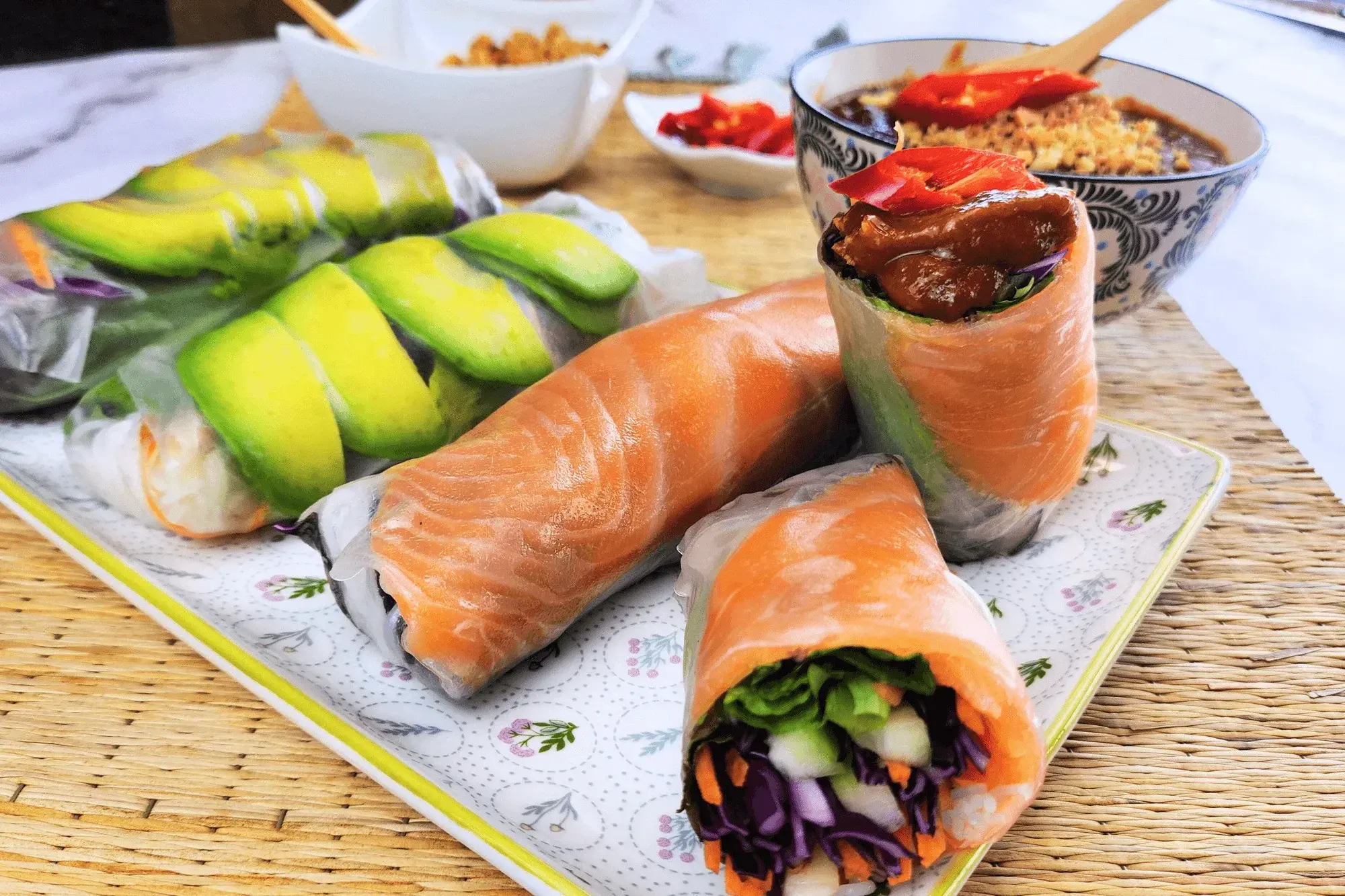 Enjoy Summer Salad Rolls with a rich Peanut Dipping Sauce
