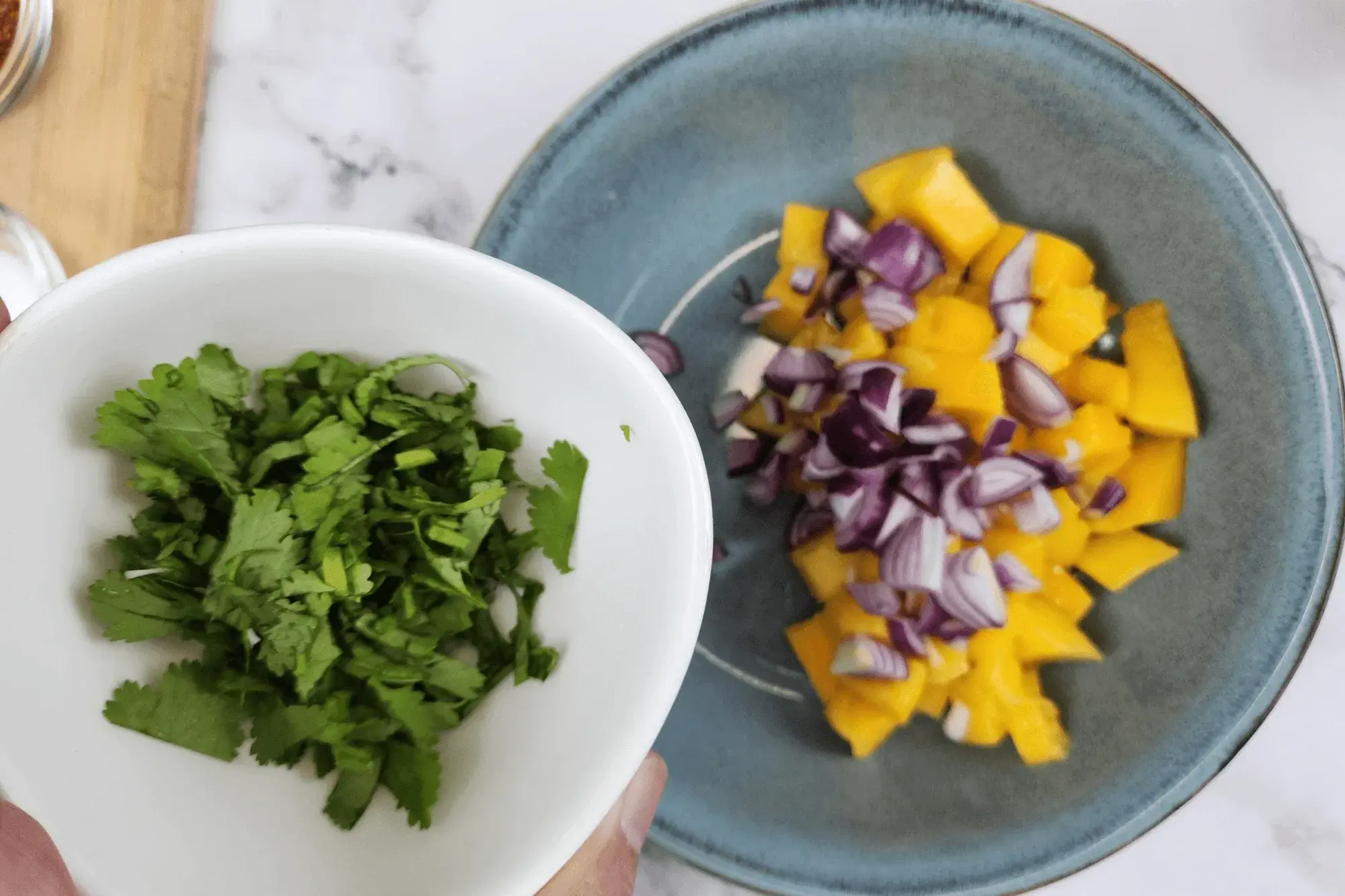 In a bowl, mix the mango, shallots, chopped cilantro
