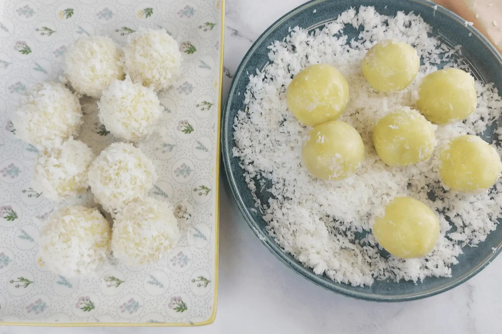 Roll the cooked dumplings in the prepared shredded coconut.