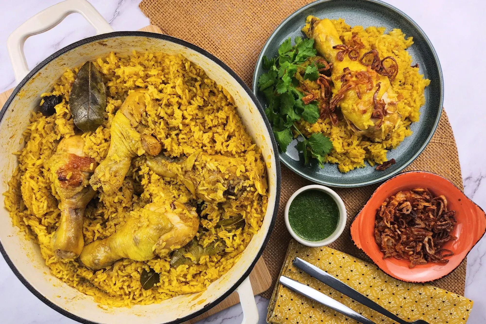 Serving Thai Chicken Biryani with Green Sauce