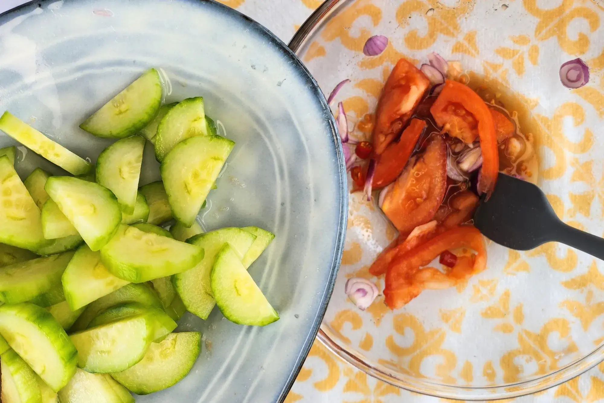 Then toss in the cucumber slices