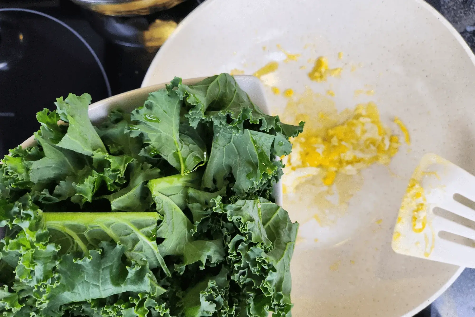 Toss in the chopped kale and stir-fry 