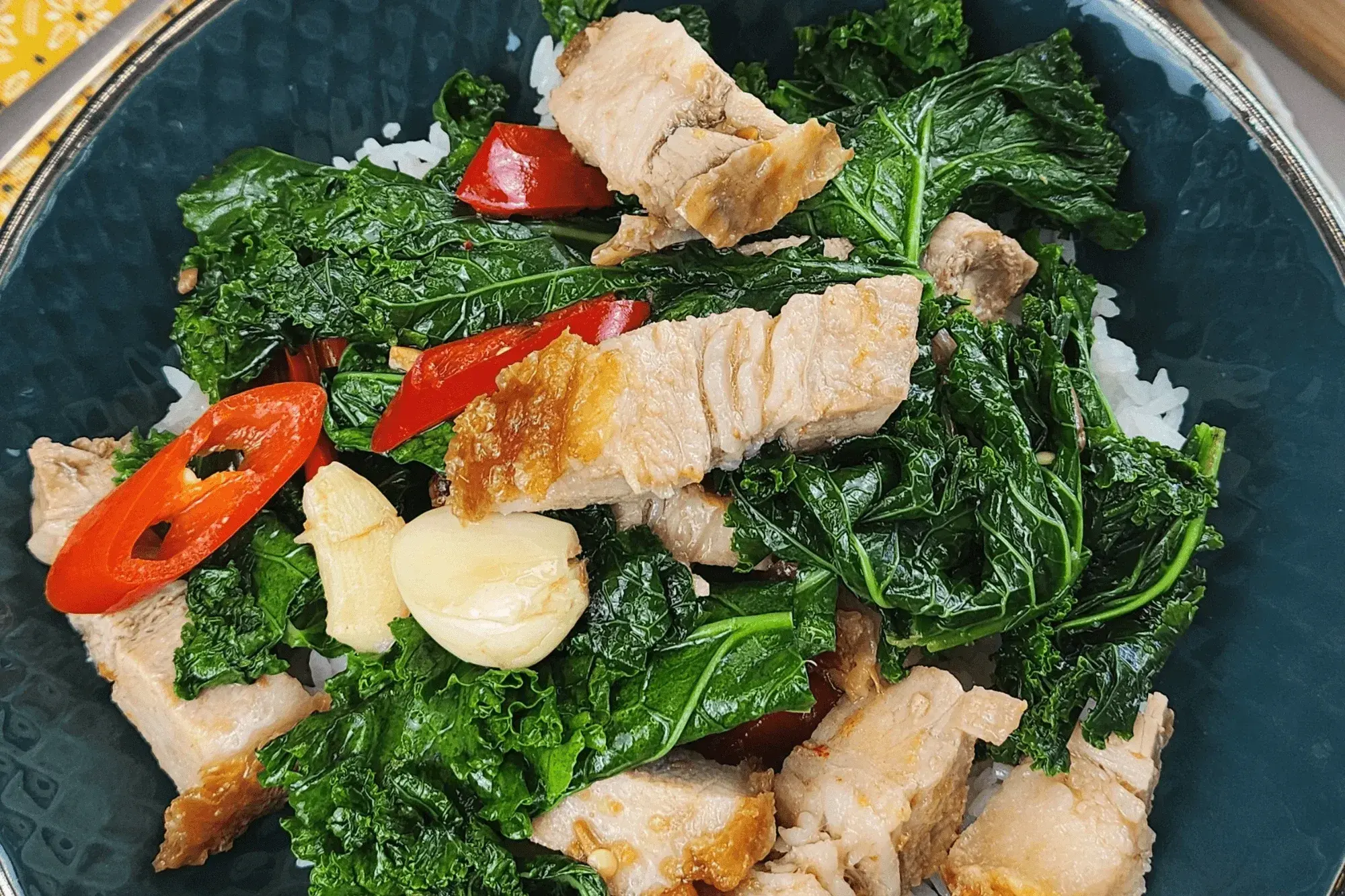 Turn off the heat and serve immediately over hot jasmine rice.