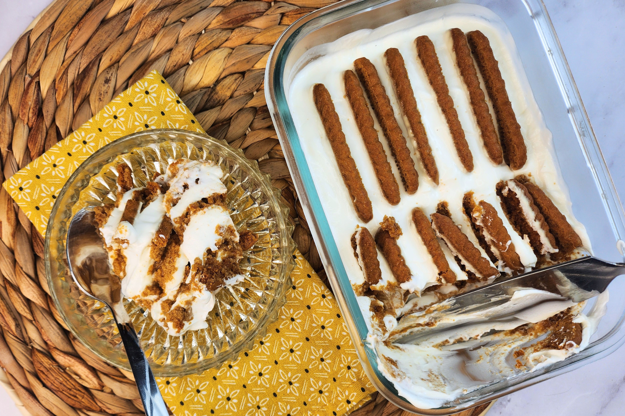Viral Greek Yogurt Cheesecake  serves in a small bowl.
