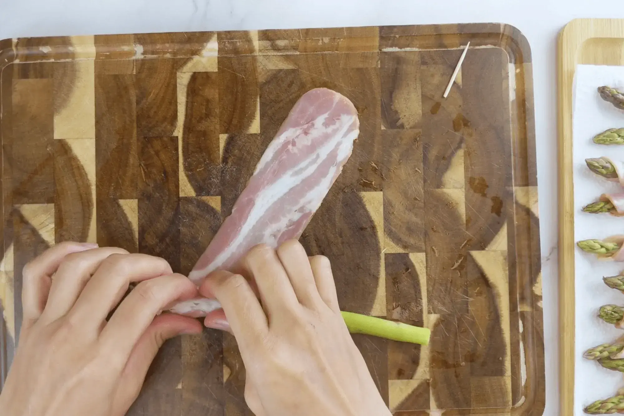  Wrap each asparagus spear with bacon