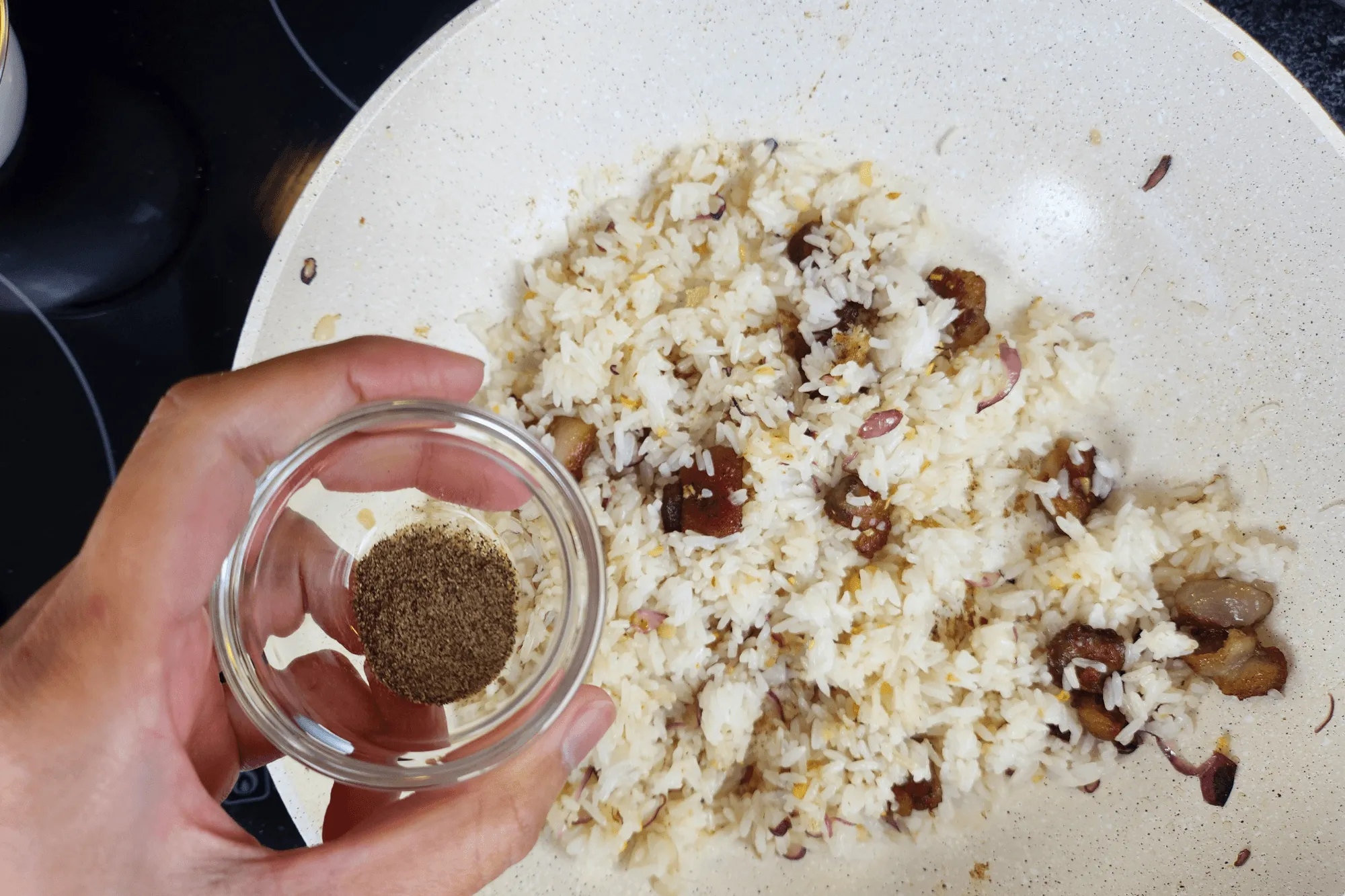  Season with pepper-beef fried rice