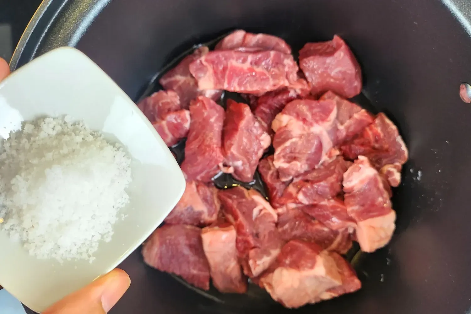 A hand is holding a bowl of salt above a pot with meat.