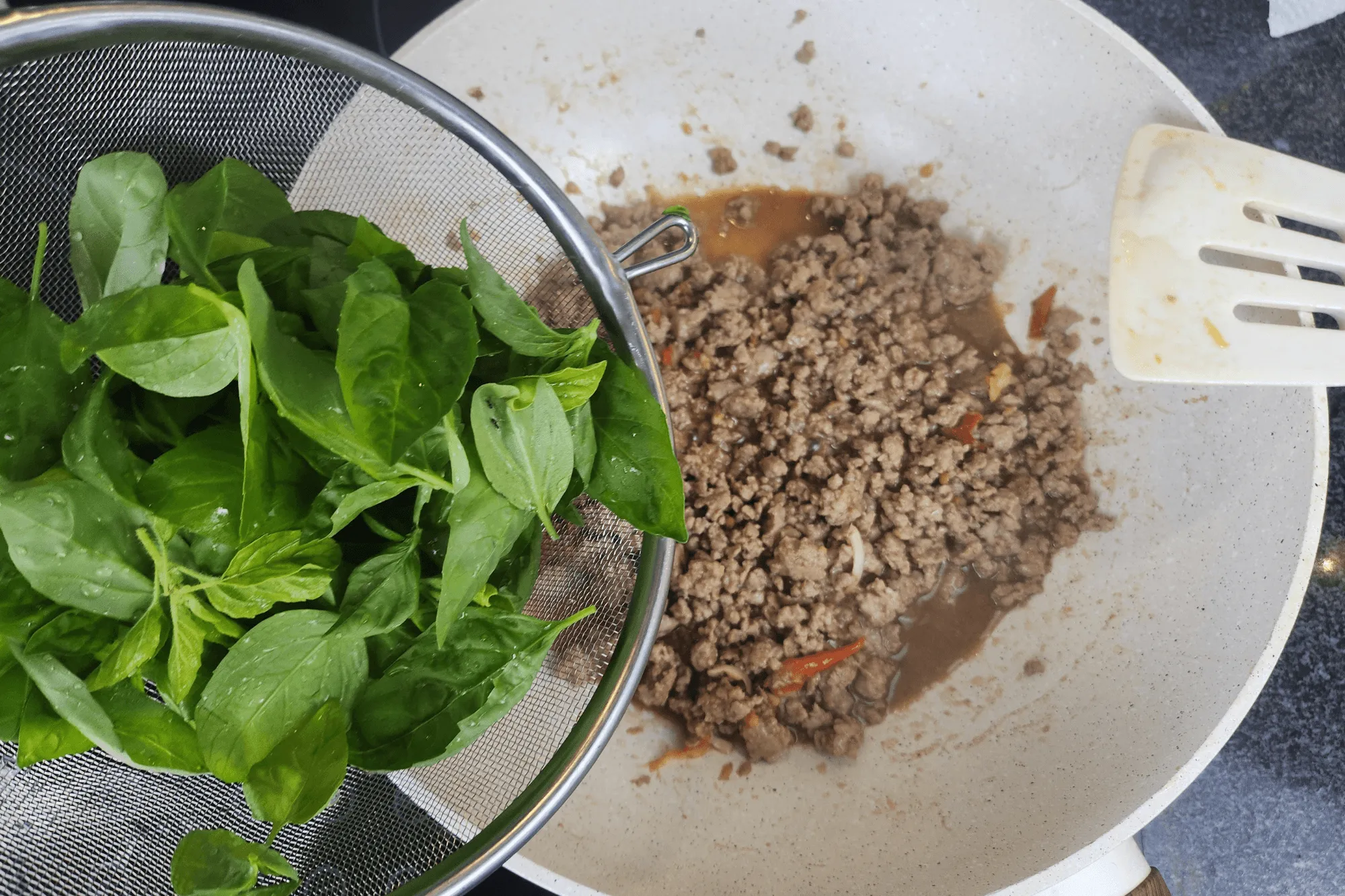 Add holy basil leaves-pad ka prow