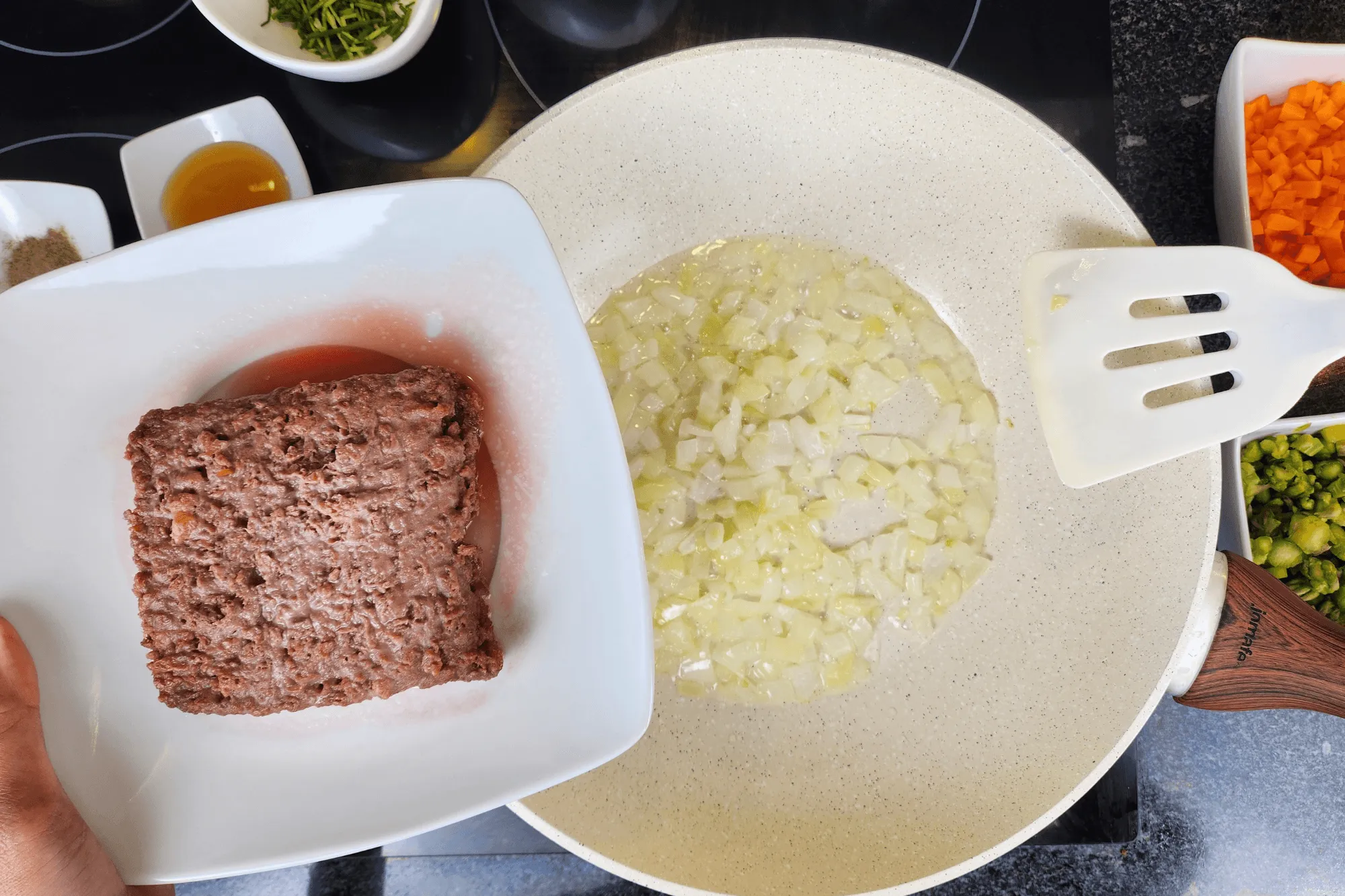 Add the beyond mince , breaking it up as it cooks until almost done.