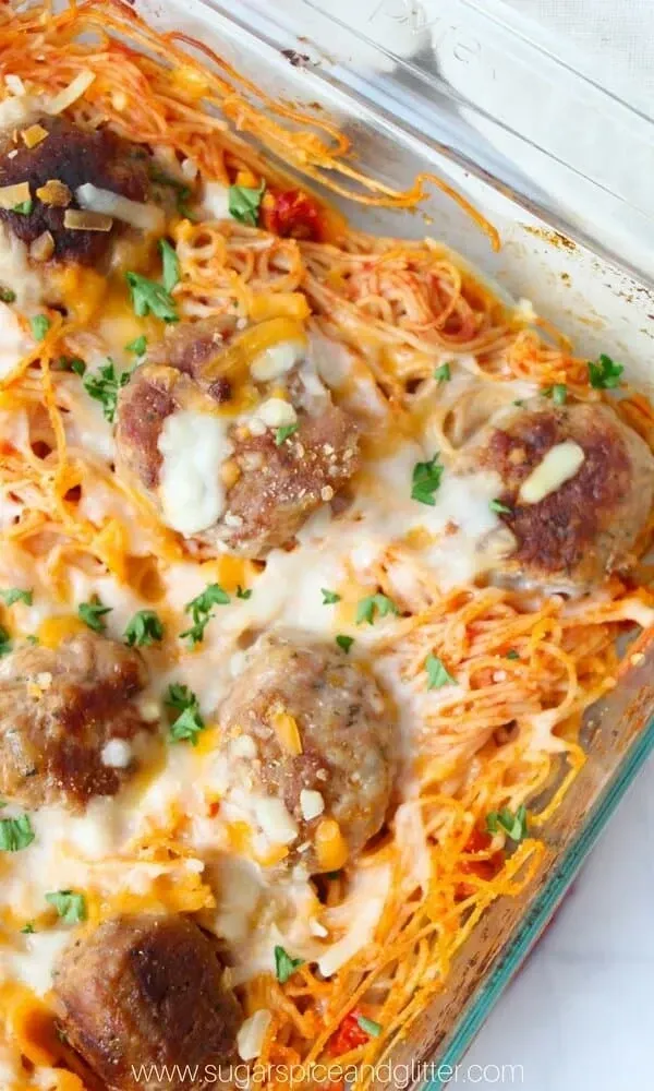 Baked Spaghetti & Meatballs in a dish