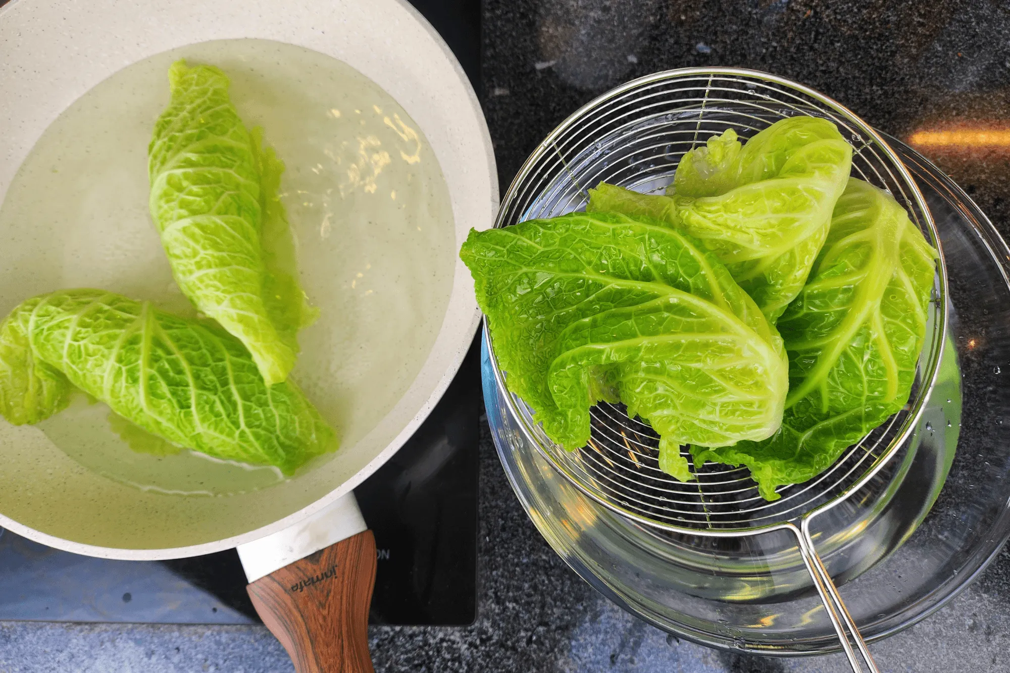 Blanch the leaves in boiling water until softened