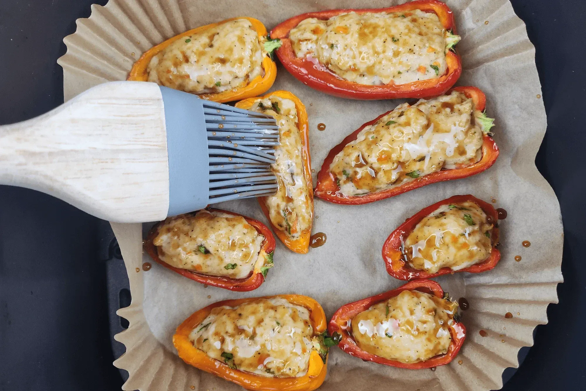 Brush the peppers with teriyaki sauce for extra flavor and color. Return to the air fryer and cook for another 10 minutes at 356°F (180°C). 