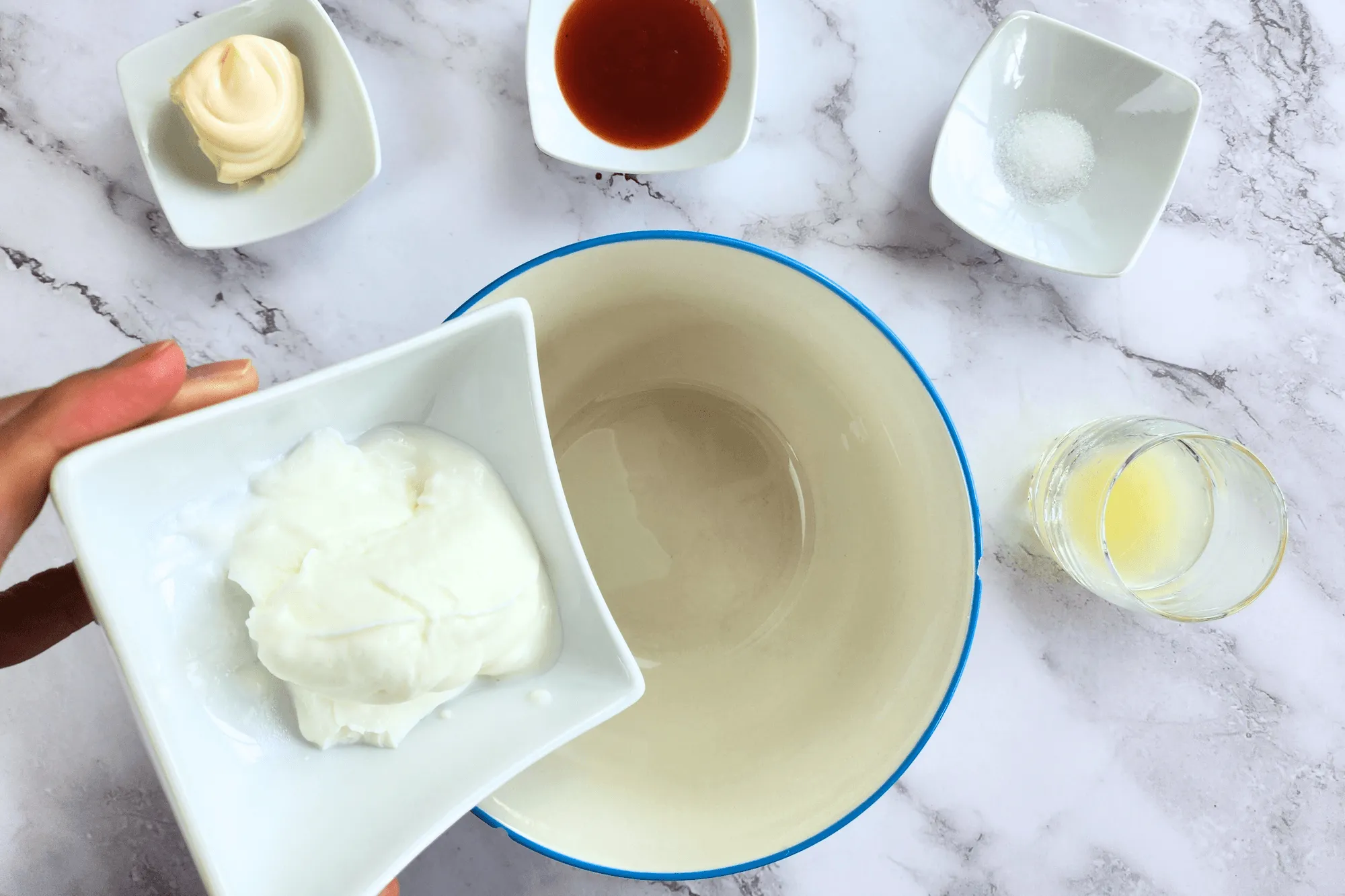 In a medium bowl, add the Greek yogurt and mayonnaise. Stir until smooth and well combined.