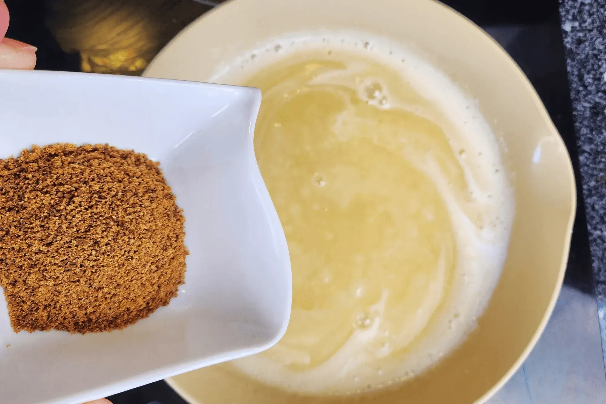 In a saucepan over medium heat, combine: coconut milk, palm sugar, and brown sugar.