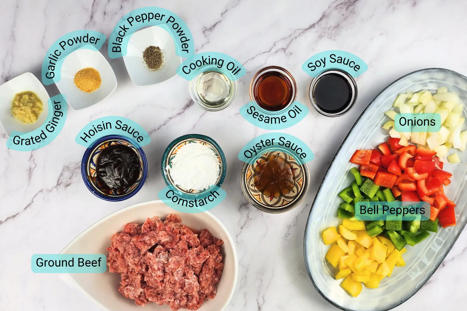 Ingredients of Beef and Pepper Rice Bowl