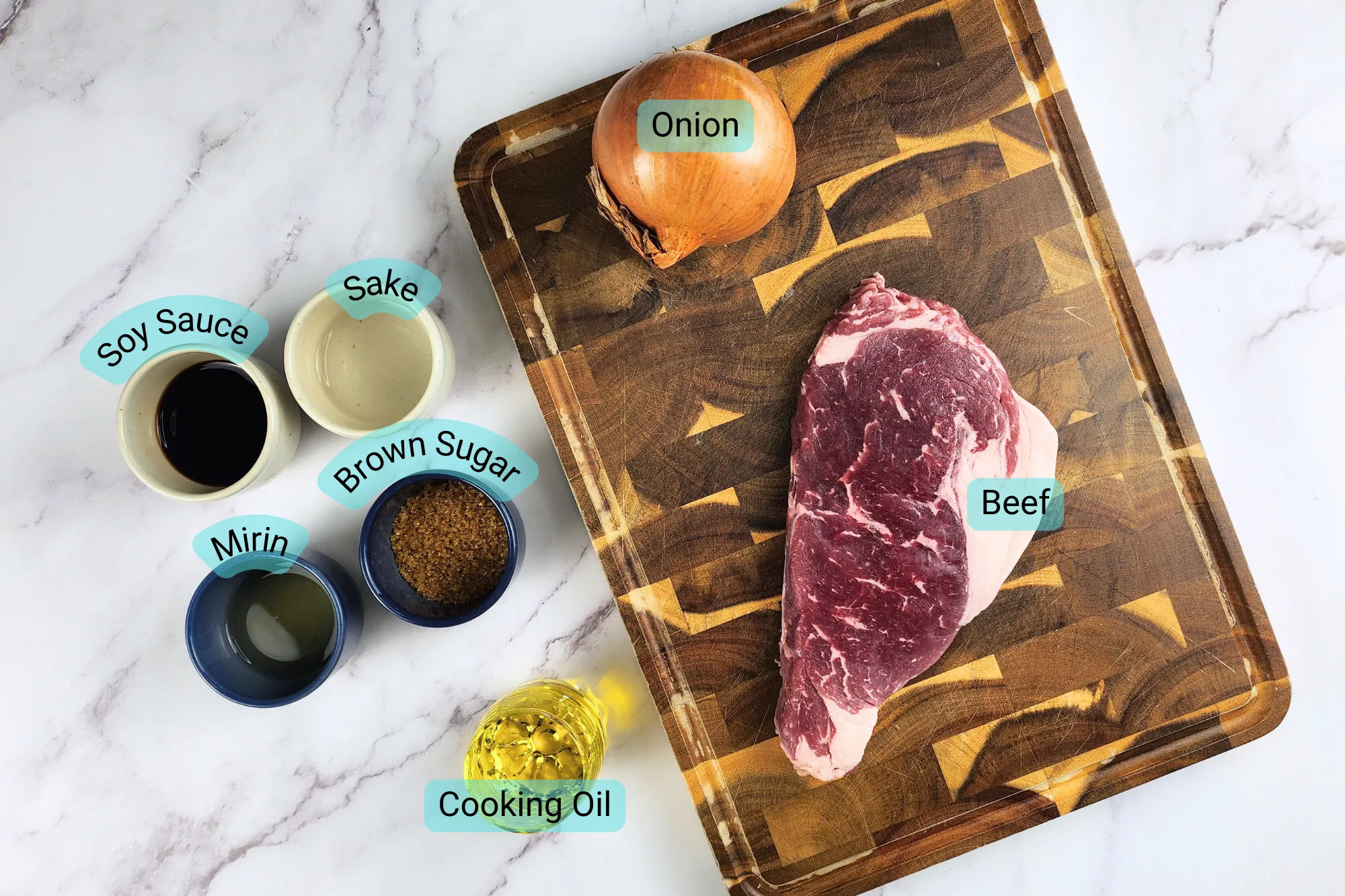 Ingredients ofJapanese Beef and Onsen Egg Gyudon 