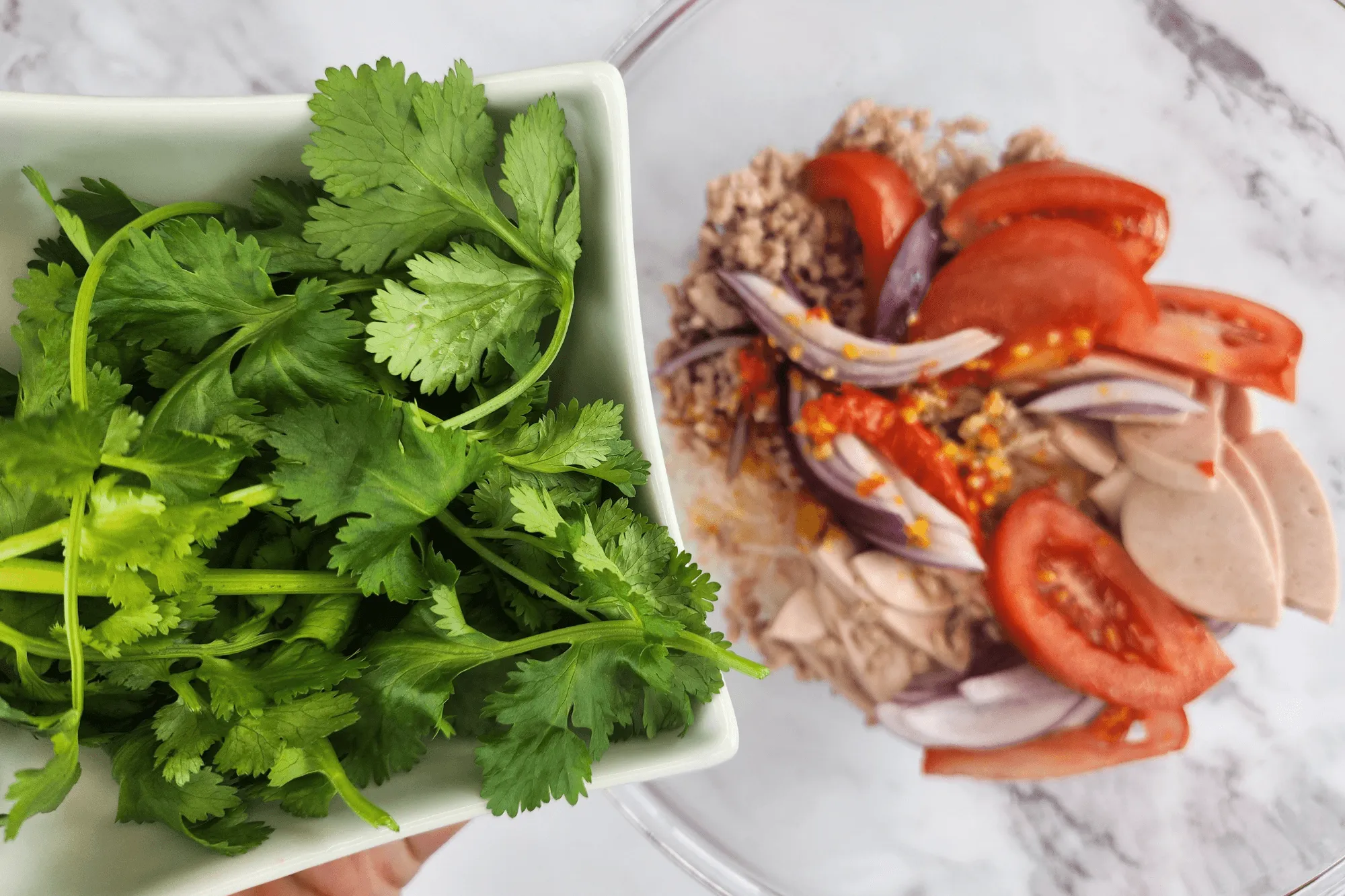 Pour in the dressing and chopped cilantro 