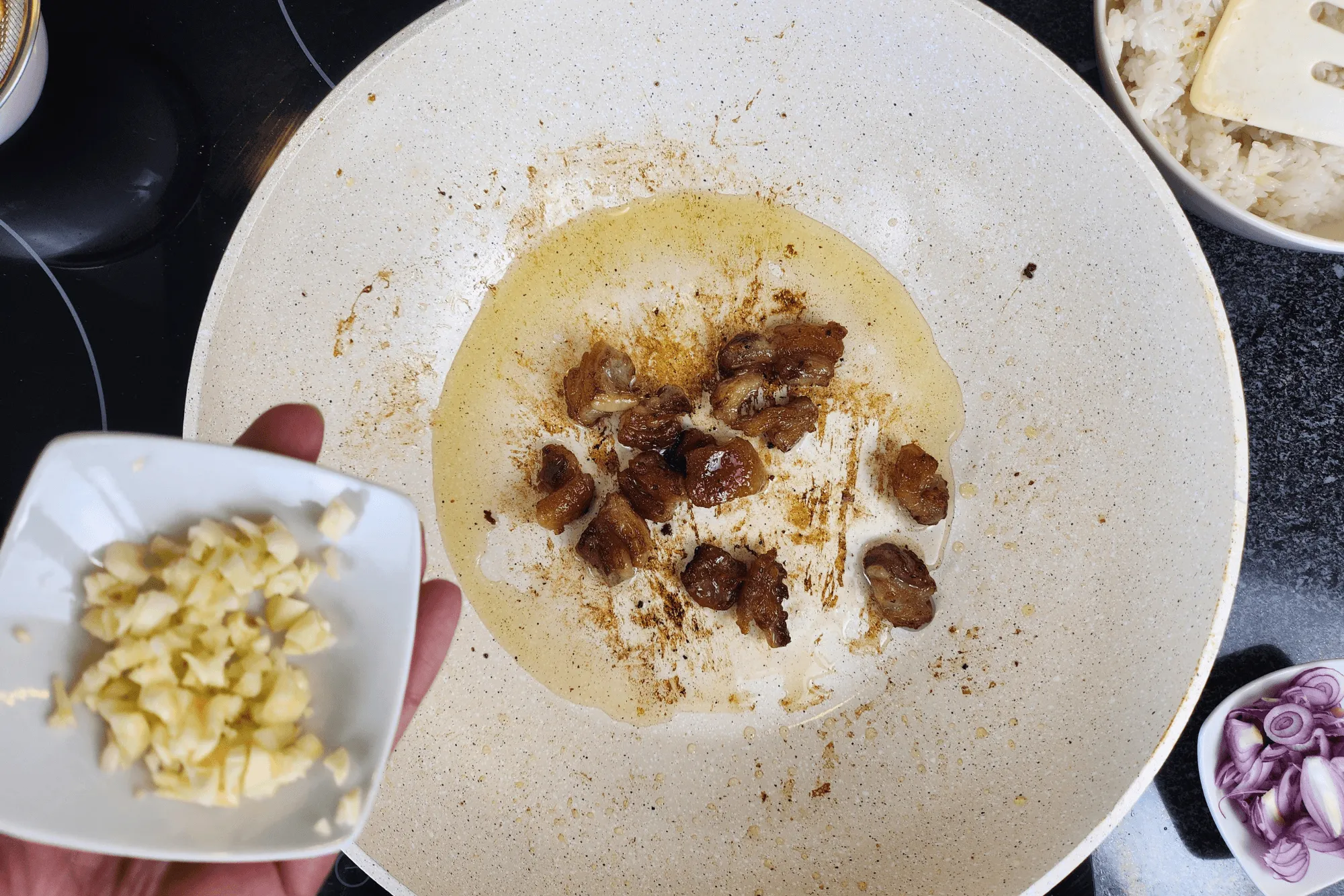 sauté the chopped garlic with beef fat