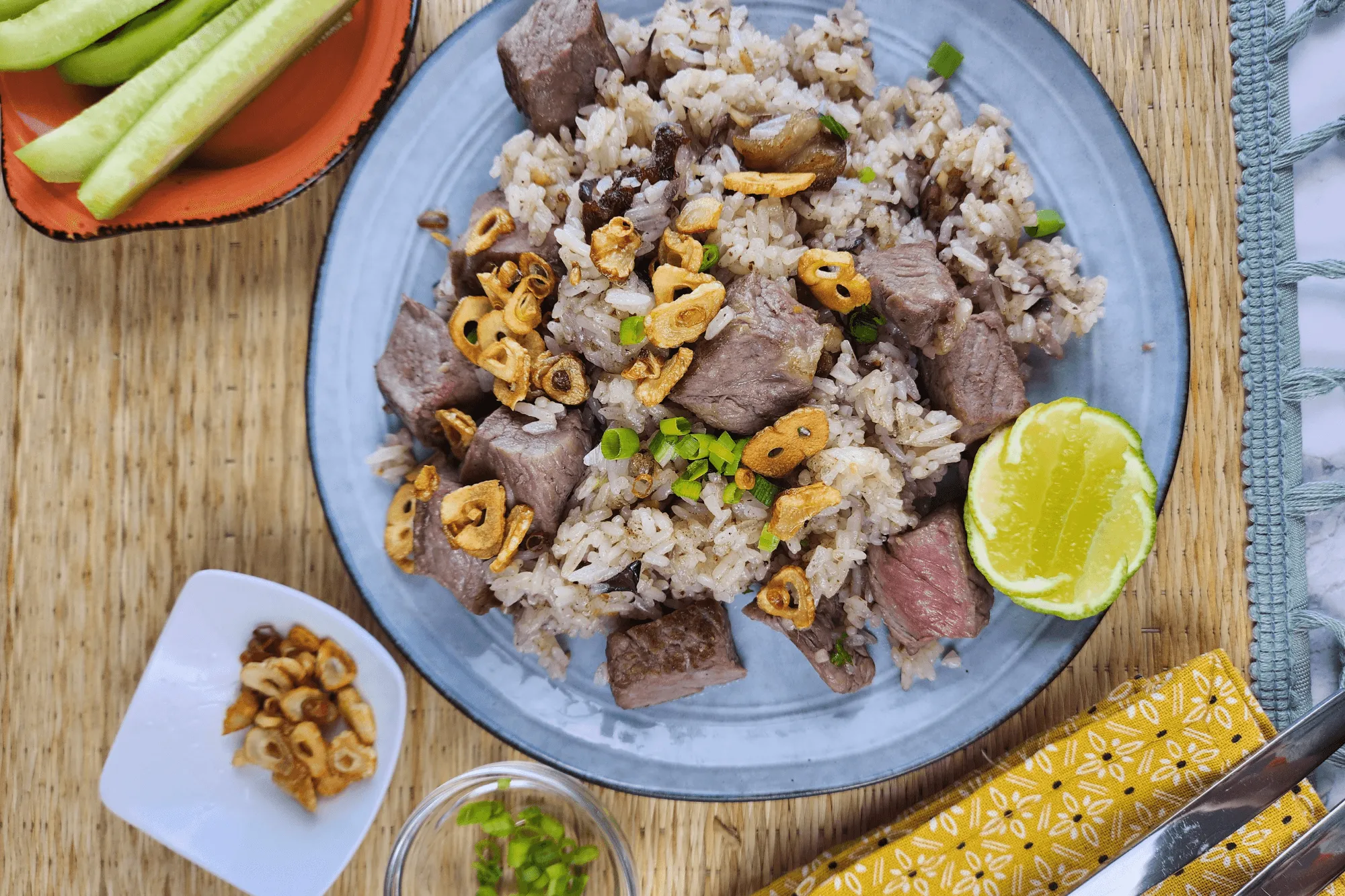 Serve the beef fried rice topped with the crispy fried garlic