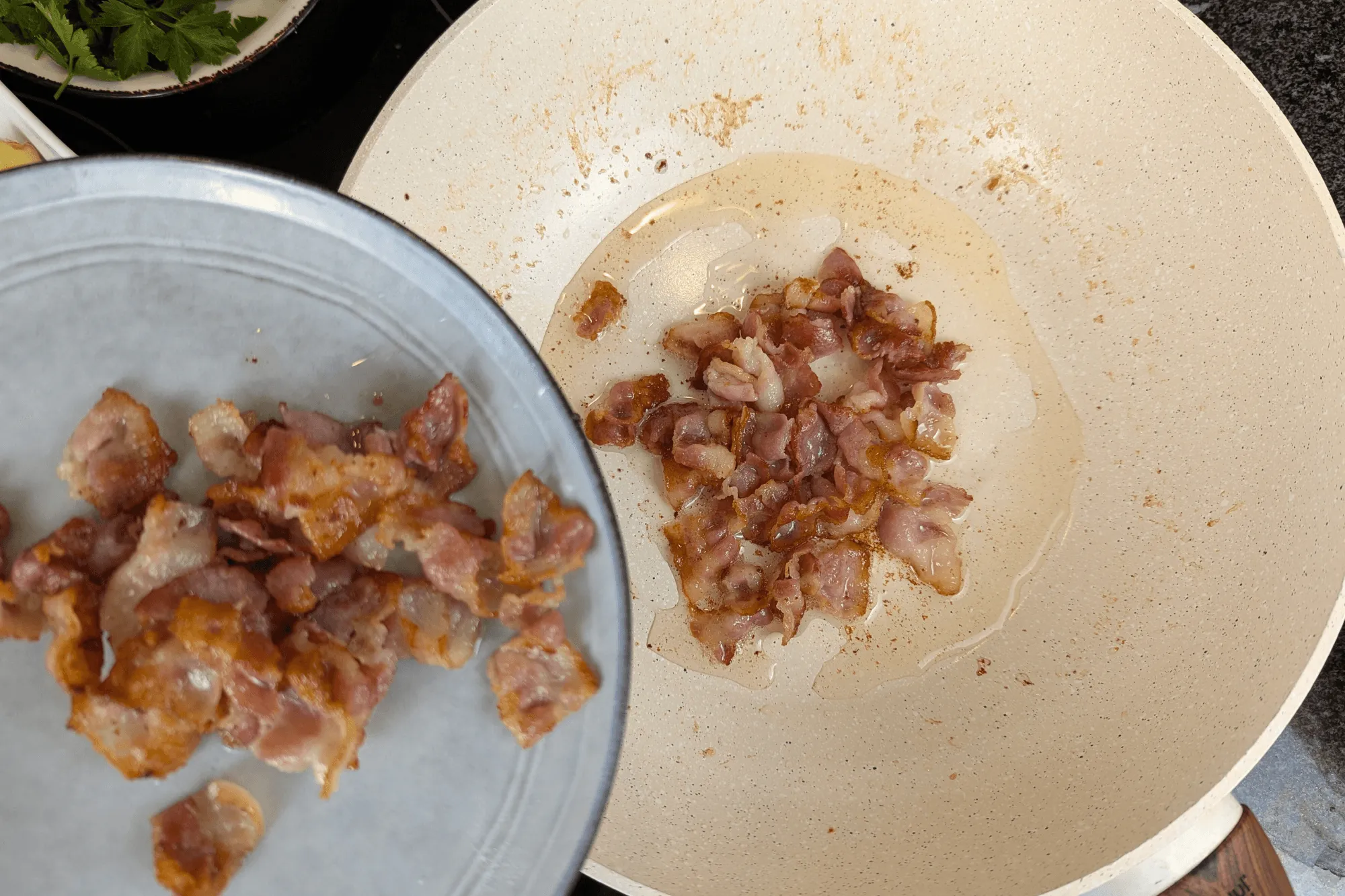  Set some of the bacon aside for garnish and keep the bacon fat for later use.