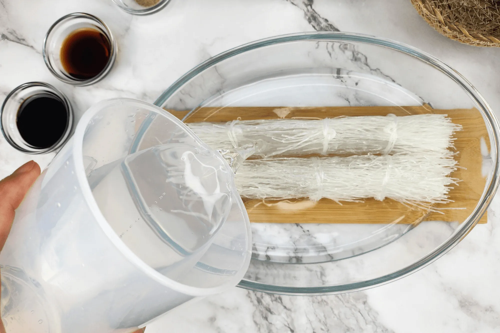 Soak glass noodles in warm water until soft