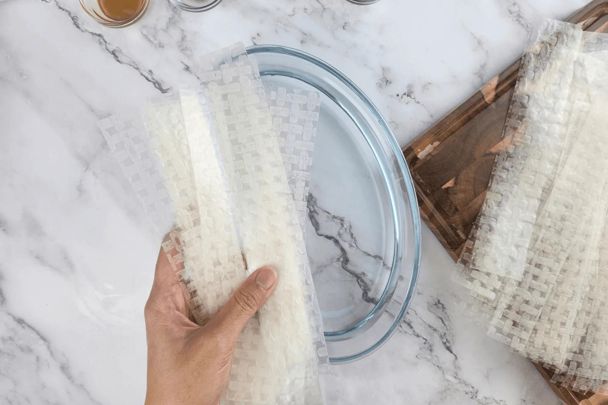 Soak the rice paper strips in room temperature water for about 20–30 seconds