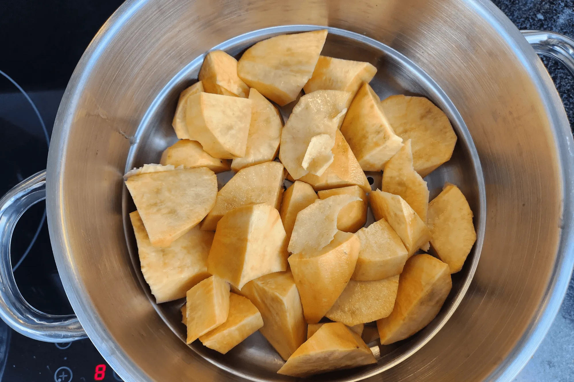  steam sweet potato for 15 minutes or until fully cooked.