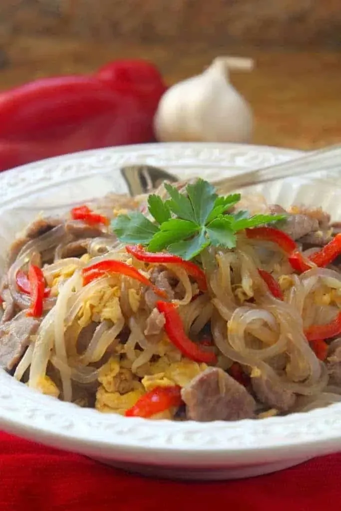 A bowl of Thai Glass Noodle Stir Fry with Egg, Beef & Bean Sprouts