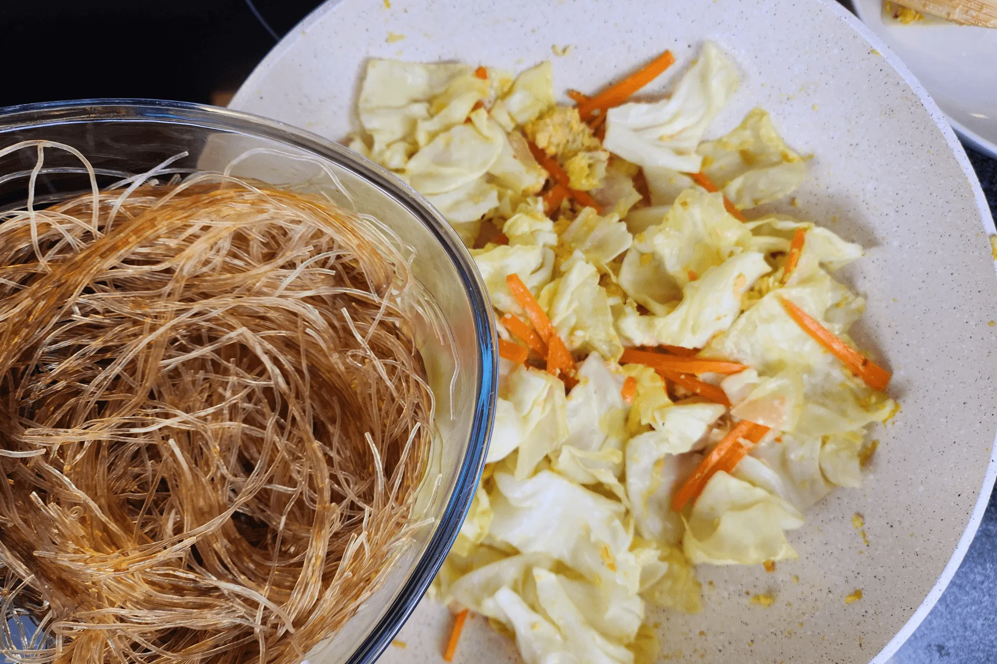 Toss in the softened glass noodles