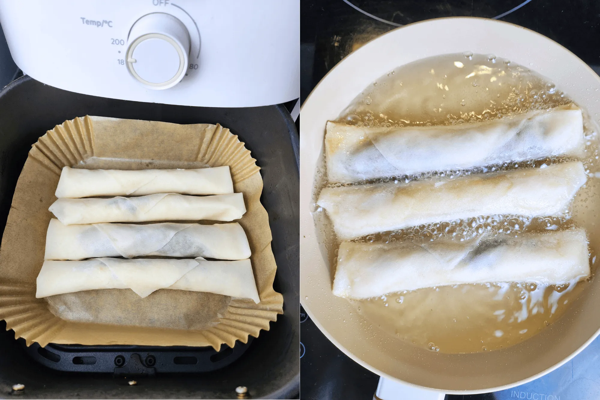 You can fry the spring rolls in a pan over medium heat or in an air fryer by lightly spraying them with oil.